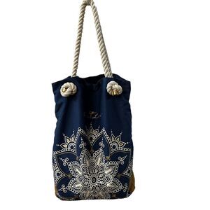 Wailana ~ 100% Organic Cotton tote bag ~ navy and white body with brown bottom